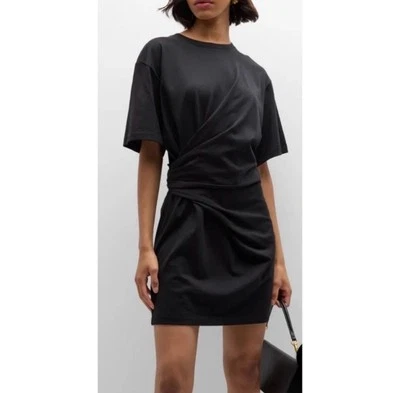 Mini Vestido Montura Denim Drapeado Tejido Manga Corta en Negro Talla S Usado en Excelente Condición Foto 1 de 4