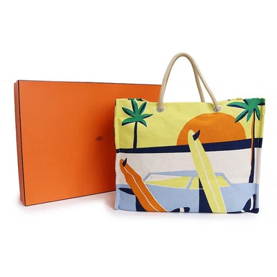 Hermes Tote Bag Apres la Vague Beach Surf Yellow Purse Sea Sun Canvas Auth New - Image 1 of 4