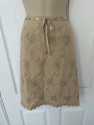 Cute Lauren Ashley Beige Brown Floral Bow Tie Midi Skirt size 14 - Image 1 of 3
