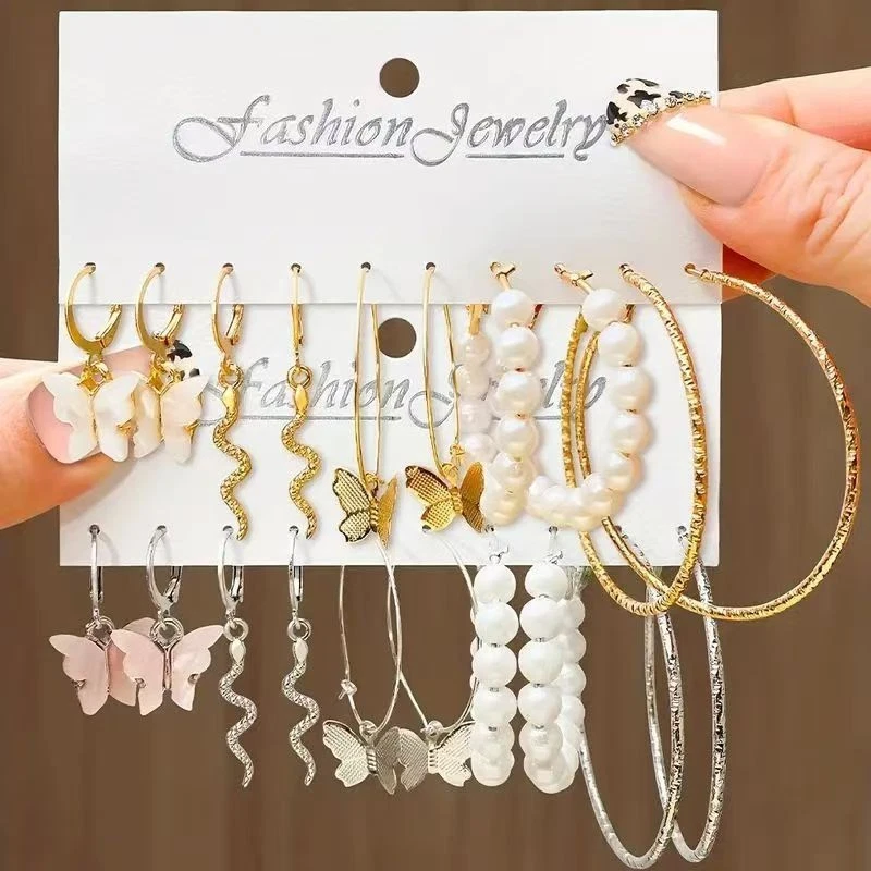 Juego de pendientes de aro mariposa para mujer varios estilos pendientes de aleación dorados/plateados Foto 1 de 1