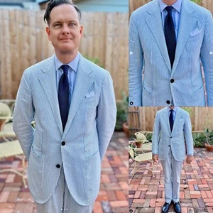 Seersucker Men Suits 2Pcs Summer Leisure Blue Beach Groom Tuxedos Casual Blazer - Picture 1 of 12