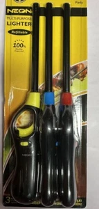 3pk Neon Long Reach Refillable Butane Gas Lighter Brand New - Picture 1 of 2