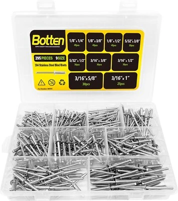 BRANDED BOTTEN 295pcs 9 Sizes Stainless Steel Blind Pop Rivets, Pop Rivet Assortment ...