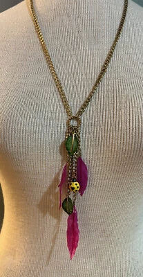 BETSEY JOHNSON Hawaiian Luau Yellow Ladybug Leaf & Pink Feather Y Necklace NWT - Image 1 of 4