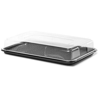 DELISUPPLIES 50 x Black Large Rectangular Sandwich Platters + Clear Lids Cakes Buffets Party