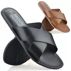 Mens Leather Slip On Sandals Mules Walking Summer Flip Flop Sliders Shoes Size - Picture 1 of 25