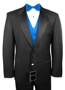 Sizes 34-64 Reg. 6-Piece Tuxedo Package w/Flat Front Pants, Blue Vest & Bow-Tie - Picture 1 of 5