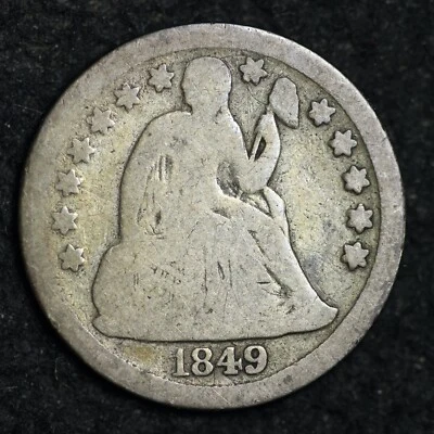 Moneda de diez centavos de plata Seated Liberty 1849 ELECCIÓN BUENA + ENVÍO GRATUITO E204 WCB Foto 1 de 2