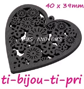 Set Di 5 Perline Stampe Ciondoli Cuori IN Legno Nero 40x39mm Creazione Gioielli - Foto 1 di 1