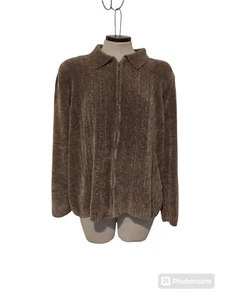 Vintage Alfred Dunner Beige Cable Knit Velour Zipper Cardigan Size 2X-339 - Picture 1 of 9