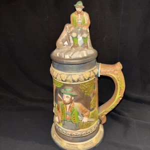 LARGE BEER STEIN 13" Hunter Dog Deer Trees Branch Handle Hand Painted Ceramic - Picture 1 of 15