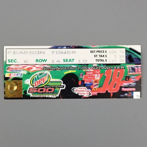 NASCAR Stub Race Ticket 2001 Southern 500 Winston Cup Darlington Burton, Vintage Cover