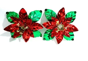 Decorazioni Natalizie Metallo Portacandele Poinsettia Rosso Verde Taiwan Set di 2 - Foto 1 di 5