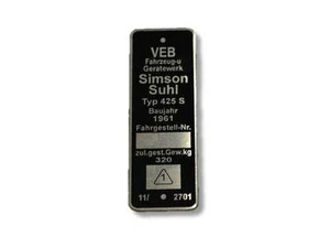 Targa sportiva Simson Suhl 425 S 1961 targa id plate - Foto 1 di 1
