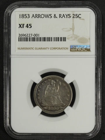 1853 Arrows & Rays Seated Liberty Silver Quarter NGC XF 45 Cover