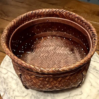 VTG Handwoven Rattan Bamboo Basket Decorative Wicker Rustic Home Décor 6.5x4” - Image 1 of 4