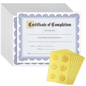 48 Sheets Blue Certificate of Completion Award Paper w/ Foil Stickers, 8.5 x 11 - Picture 1 of 10