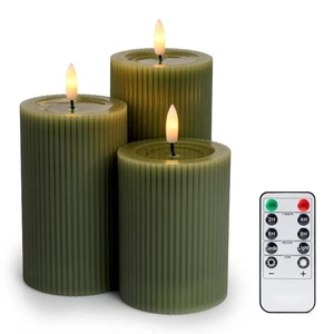Set of 3 Loden Green Ribbed LED Candles – Flameless, Remote, Battery Operated - Picture 1 of 9
