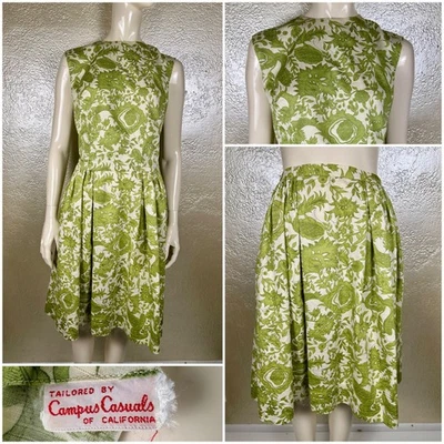 Vintage 1950's Ladies CAMPUS CASUALS Green Floral Cotton Two Piece Top Skirt Set - Image 1 of 4