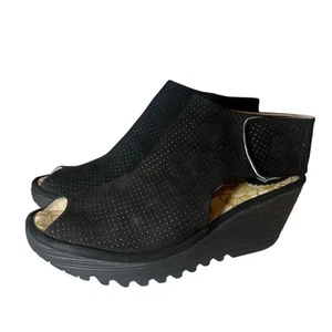 Fly London Black Suede Yone Wedges Ankle Strap Peep Toe Women Perforated 41/10 - Picture 1 of 7