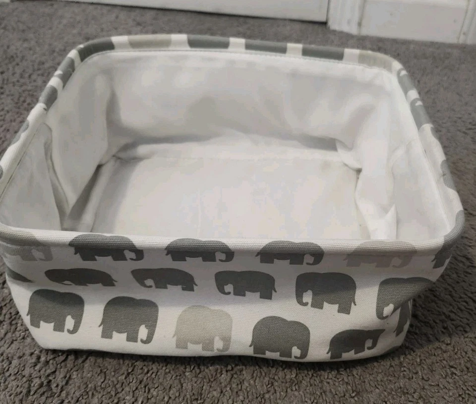 Elephant Print Basket Storage Cloth Soft 11x13x6 Bin Organizer Baby Gray White - Image 1 of 4