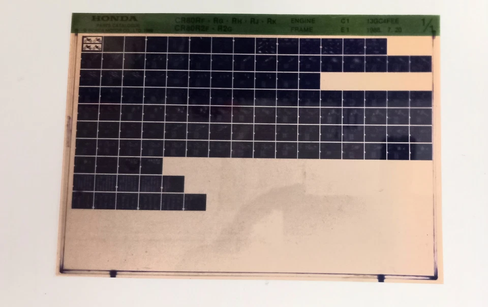 Honda CR 80 RF/G/H/J/K/2F/2G 1988 PARTS LIST MICRO FICHE - Image 1 of 1