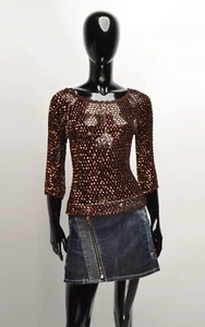 Women's Vintage Y2K Cute Crochet Net Knit Sparkle Brown Top Blouse Size S - Picture 1 of 8