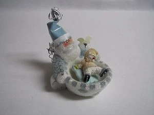 Christmas Santa with Sled & Child 2 pieces Blue White & Covered w/Beads 4" Tall - Picture 1 of 3