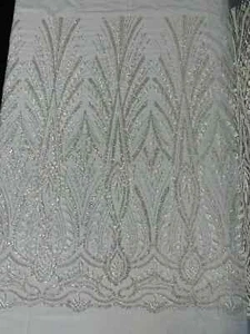 Beaded Design Fabric - Silver - Embroidered Elegant Beads on Mesh Fabric Yard - Picture 1 of 5