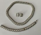 Vintage Retro Silver Tone Square Diamanté Choker Necklace Bracelet Earrings Set