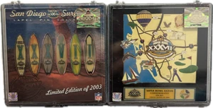 Lot of 2 Super Bowl XXXVII 37 Lapel Pin Sets - Surfboard Limited 2003 & SD Map - Picture 1 of 3