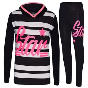 Girls Tops Kids Star Print Hooded T Shirt Top & Legging Lounge Wear Set 7-13 Yrs - Picture 1 of 9