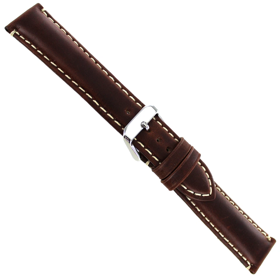 24mm Hadley-Roma MS885 Long Brown Oil Leather Chrono Heavy Pad Watch Band Strap