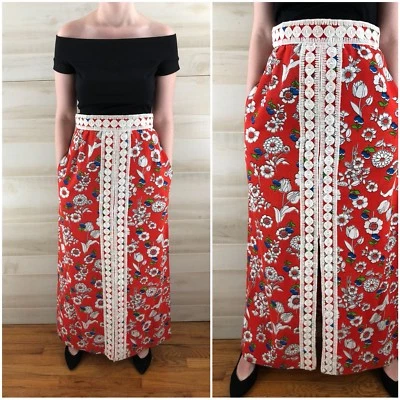 Maxi Falda Hippie Boho Vintage Años 60 Roja Floral Crochet Lino S M Foto 1 de 4