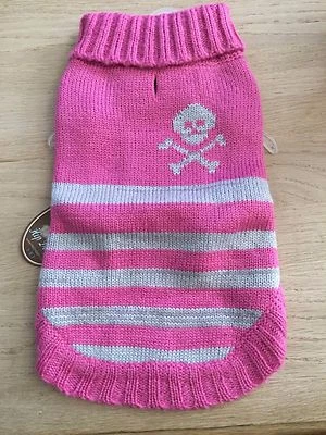 NUEVO CON ETIQUETAS HIP Perrito Perro Calavera Rayas Cuello Tortuga Talla M Gris Carbón Rosa Mascota  Foto 1 de 2