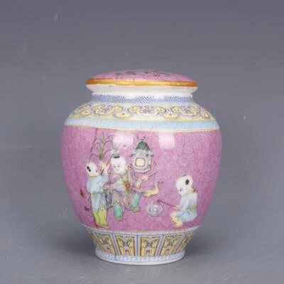 Tarro de porcelana esmaltado rosa chino de 4,3" Qing Yongzheng con patrón para niños olla carrito de té Foto 1 de 4