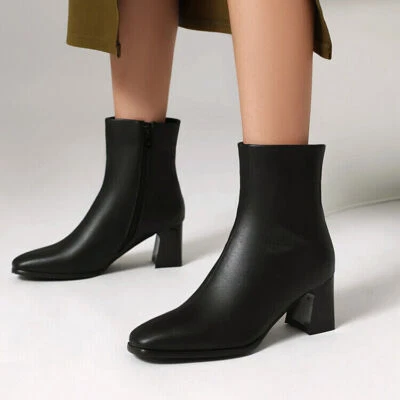 Mujeres Informales Punta Cuadrada Botines Bloque Tacón Medio Cremalleras Laterales Botines Cortos Foto 1 de 4