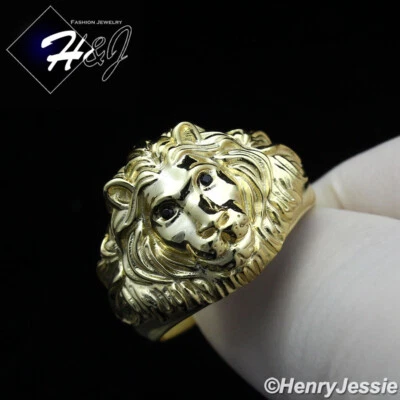 925 STERLING SILVER CUBIC ZIRCONIA EYE PLAIN GOLD PLATED 3D LION FACE RING*GR177 - Image 1 of 4