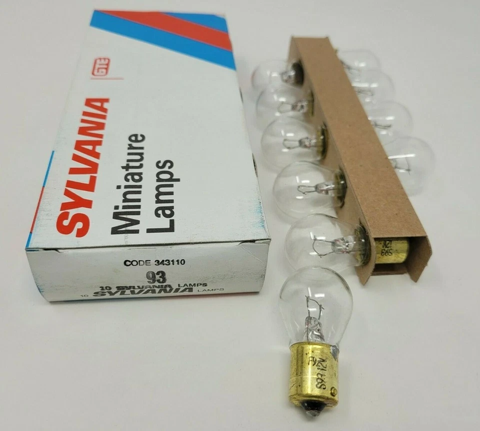 Box of 10 Sylvania 93 S93 12V GE93 Miniature Auto Light Bulbs SC Lamps 343110 - Image 1 of 1
