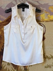 WHBM Sz 10 Women's Silk Stretch Blouse Popover Sleeveless Ivory 2 Pockets - Picture 1 of 8