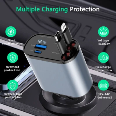 Fast Charging Car Charger Cable USB C PD 4 in 1 Retractable Flexible Adapter - Image 1 of 4