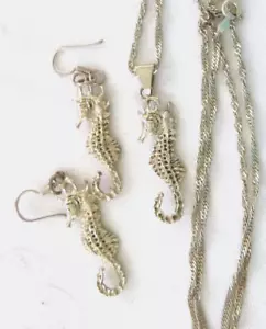 925 Sterling Silver Seahorse Pendant 26" Necklace 2.5" Earrings Set 18.6gr - Picture 1 of 5