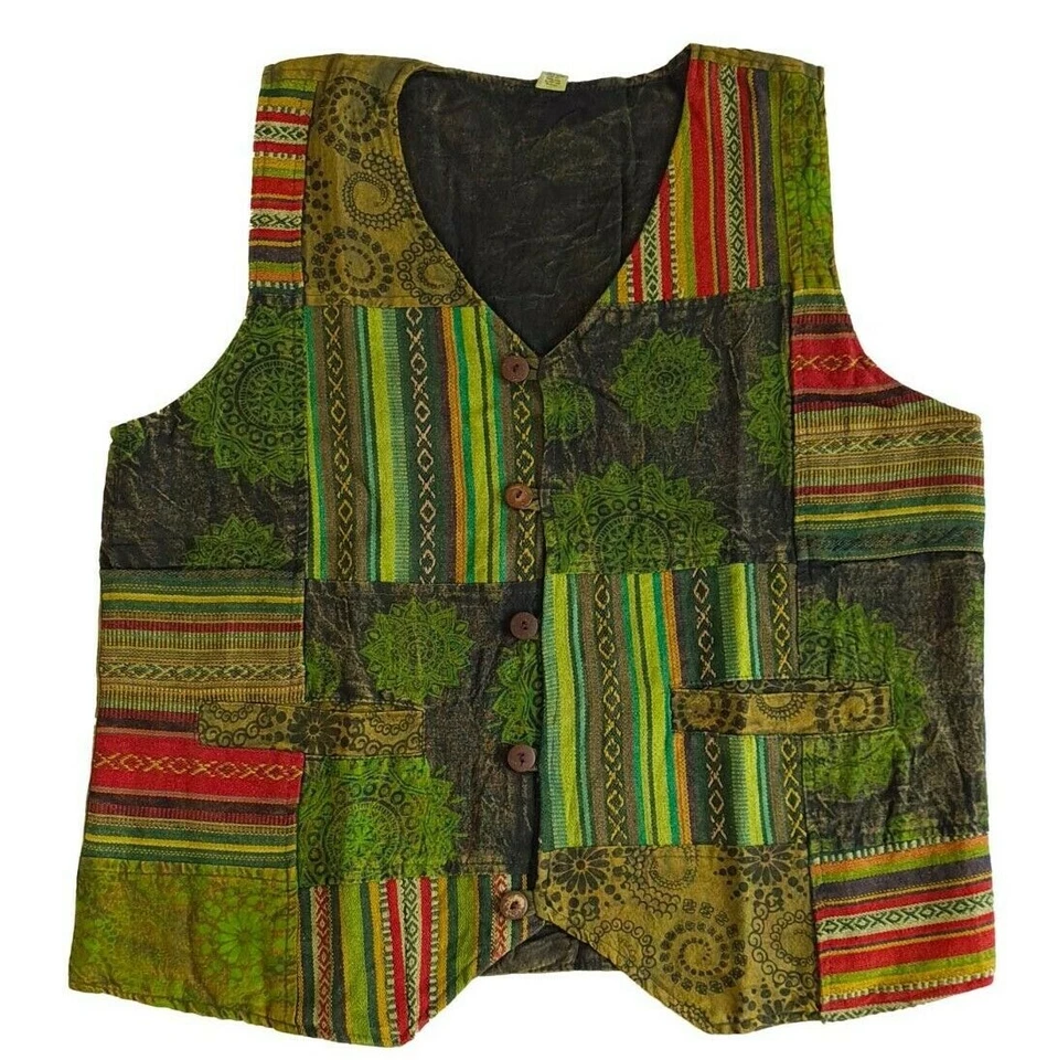 Mens Green Vest Patch Hippie Boho Festival Washed Handmade Ethnic Colourful Fun - Image 1 of 1
