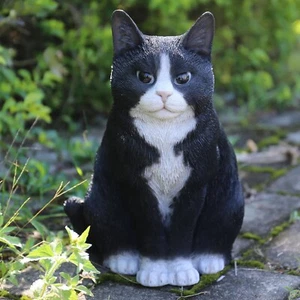 Cat Statue Sitting Black White Pet Figurine Home Garden Patio Ornament Sculpture - Picture 1 of 6