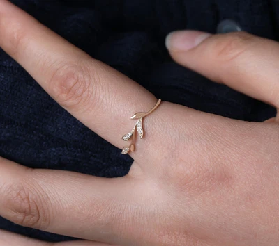 Lab Grown Diamond Ring Leaf Wedding Ring 10k Yellow Gold Ring Gifts For Her - Image 1 of 4