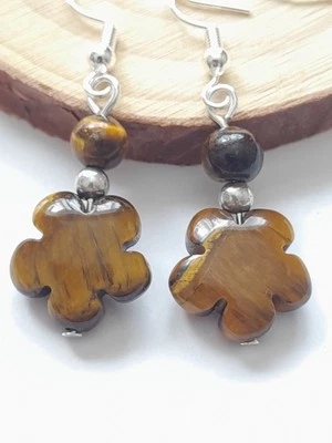 Tigers Eye Flower Beads Earrings in 925 Sterling Silver Hooks  - Image 1 of 4