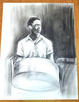 Dibujo original de boceto a carbón de niño afroamericano con arte de ilustración de tambor Foto 1 de 4