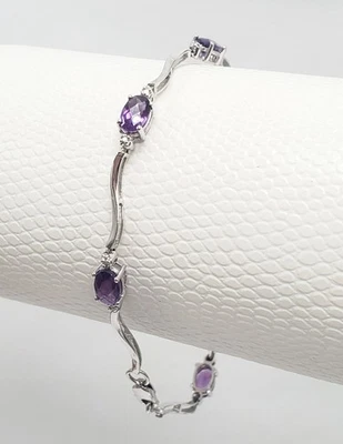 Brazalete Tenis Oro Blanco 10k Amatista Púrpura con Diamantes Acento 7" - 3.7g Nuevo Foto 1 de 4