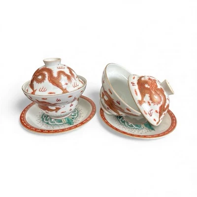 Antiga tigela chinesa coberta de porcelana com motivo de dragão vermelho-ferro. Conjunto de 2 - Imagem 1 de 3
