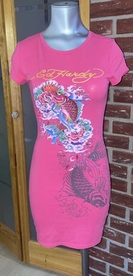 Ed Hardy Mujer XS Rosa Koi Pez Camiseta Vestido Y2K Foto 1 de 4